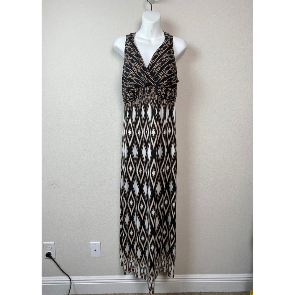 Soma Geometric Sz M Maxi Dress Womens Black Tan Resort Crossback Lounge